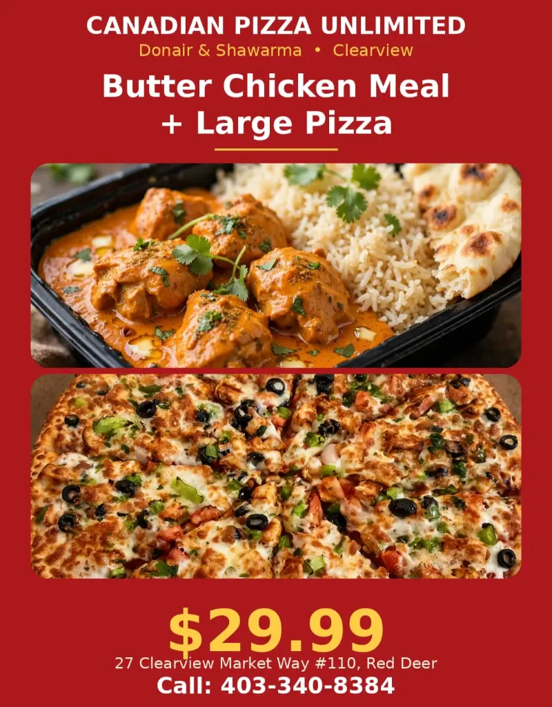 Butter chicken meal and a large pizza