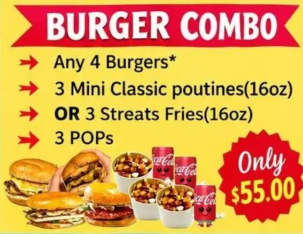 Burger Combos( 4 Burgers, 3 fries & 3 POPs) image
