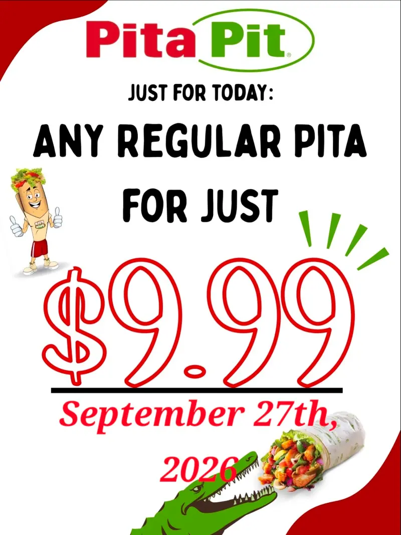 $9.99 ANY REGULAR PITA just for today